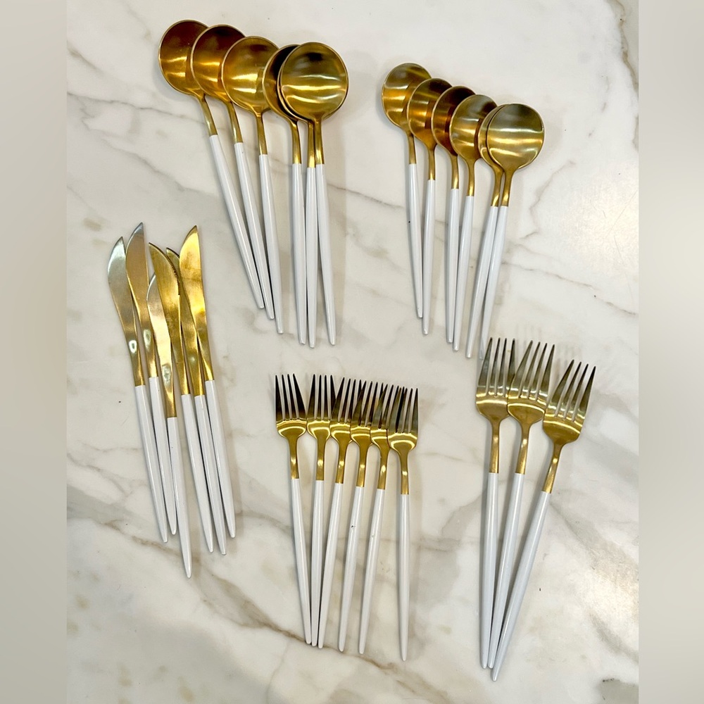 Modern Flatware 27 pieces Gold & White Utensils Stainless Steel Matte White
